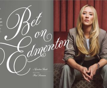 Screengrab of the print October 2025 edition of Edify Edmonton: Lauren Kyle McDavid sits on the right in a business suit while calligraphy text on the left displays the title of the article: Bet on Edmonton
